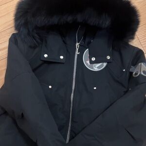 Moose Knuckles Black Hooded &black fur bomber Jacket